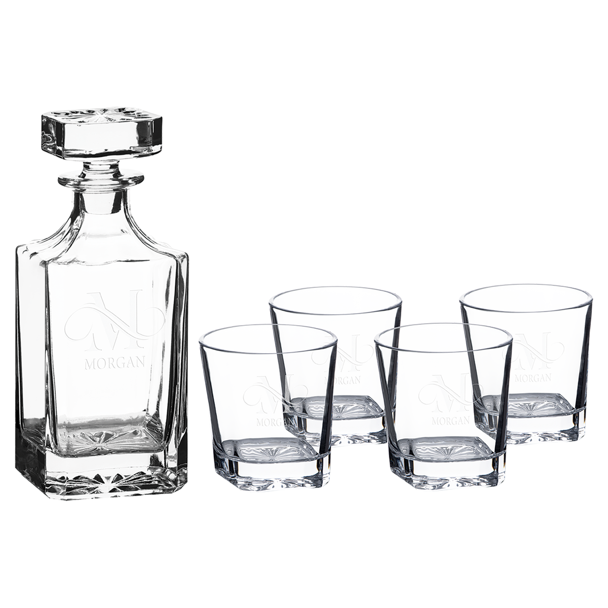 Custom Engraved Decanter & Whiskey Glass Set — Set of 4